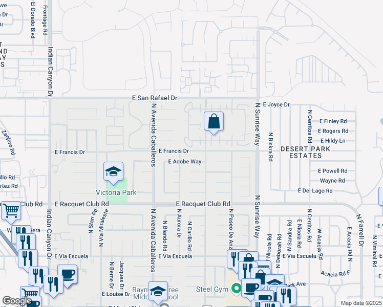 map of restaurants, bars, coffee shops, grocery stores, and more near 1351 East Francis Drive in Palm Springs