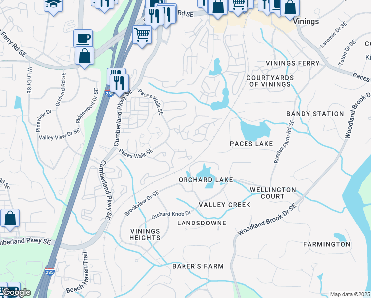 map of restaurants, bars, coffee shops, grocery stores, and more near Paces Station Drive in Atlanta