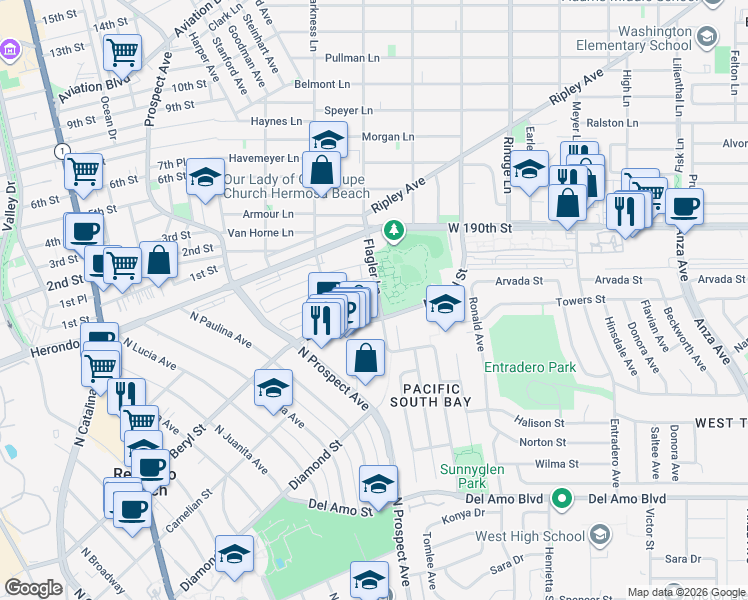 map of restaurants, bars, coffee shops, grocery stores, and more near 1326 Amethyst Street in Redondo Beach