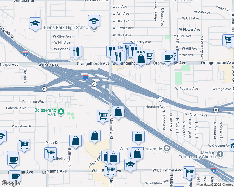 map of restaurants, bars, coffee shops, grocery stores, and more near 1619 Picadilly Way in Fullerton