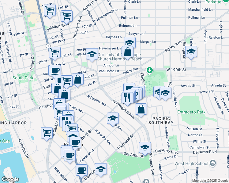 map of restaurants, bars, coffee shops, grocery stores, and more near 1214 Agate Street in Redondo Beach