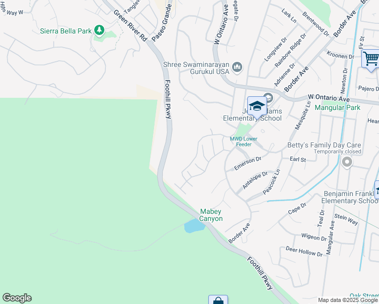 map of restaurants, bars, coffee shops, grocery stores, and more near 2592 Avenida Del Vista in Corona