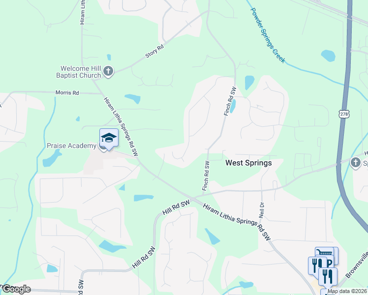 map of restaurants, bars, coffee shops, grocery stores, and more near 3946 Saint George Terrace Southwest in Powder Springs