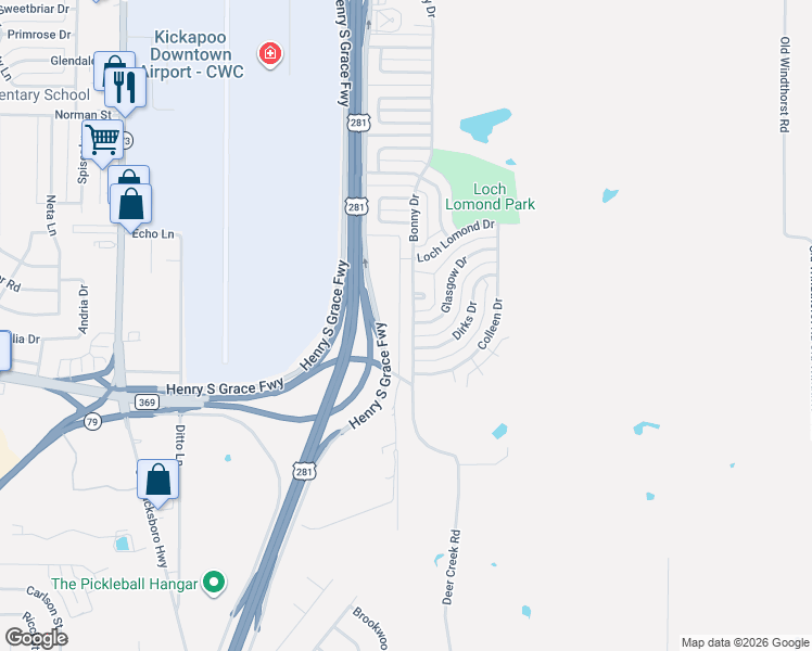 map of restaurants, bars, coffee shops, grocery stores, and more near 4908 Bonny Drive in Wichita Falls