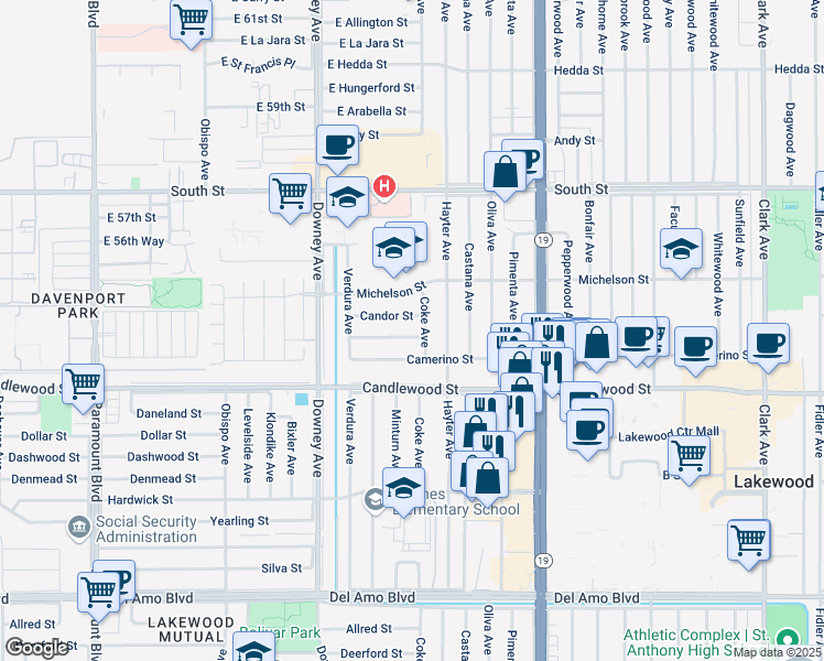 map of restaurants, bars, coffee shops, grocery stores, and more near 3729 Capetown Street in Lakewood