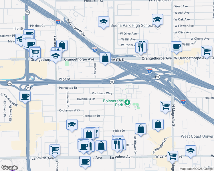map of restaurants, bars, coffee shops, grocery stores, and more near 8481 Portulaca Way in Buena Park