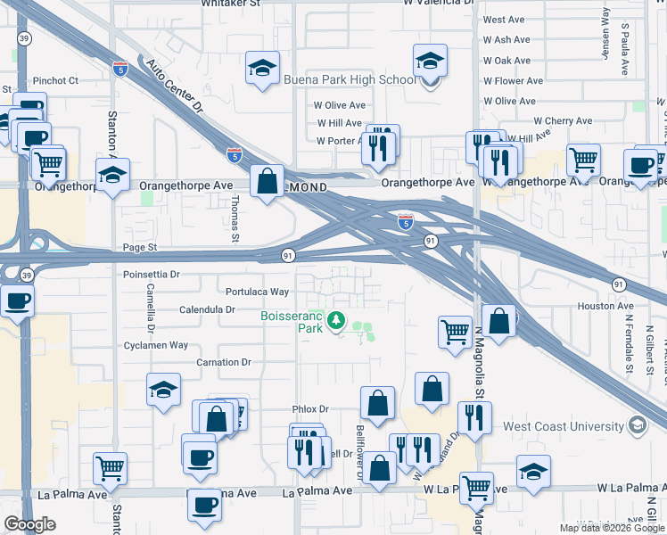 map of restaurants, bars, coffee shops, grocery stores, and more near 1440 North Weeping Willow Lane in Anaheim