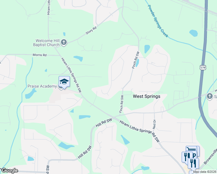 map of restaurants, bars, coffee shops, grocery stores, and more near 3946 Saint George Terrace Southwest in Powder Springs