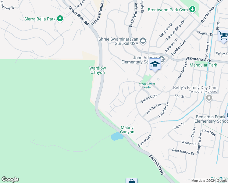 map of restaurants, bars, coffee shops, grocery stores, and more near 2592 Avenida Del Vista in Corona