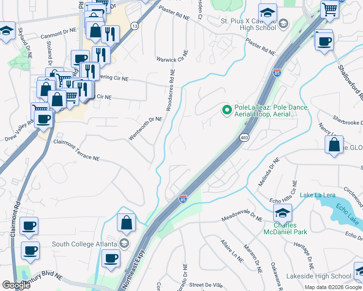 map of restaurants, bars, coffee shops, grocery stores, and more near 2301 Capehart Circle Northeast in Atlanta