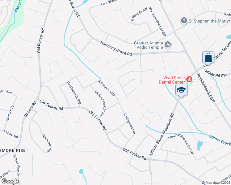 map of restaurants, bars, coffee shops, grocery stores, and more near 536 Rollingwood Drive in Stone Mountain