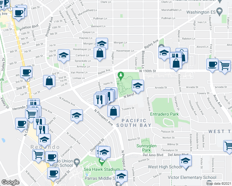 map of restaurants, bars, coffee shops, grocery stores, and more near in Redondo Beach