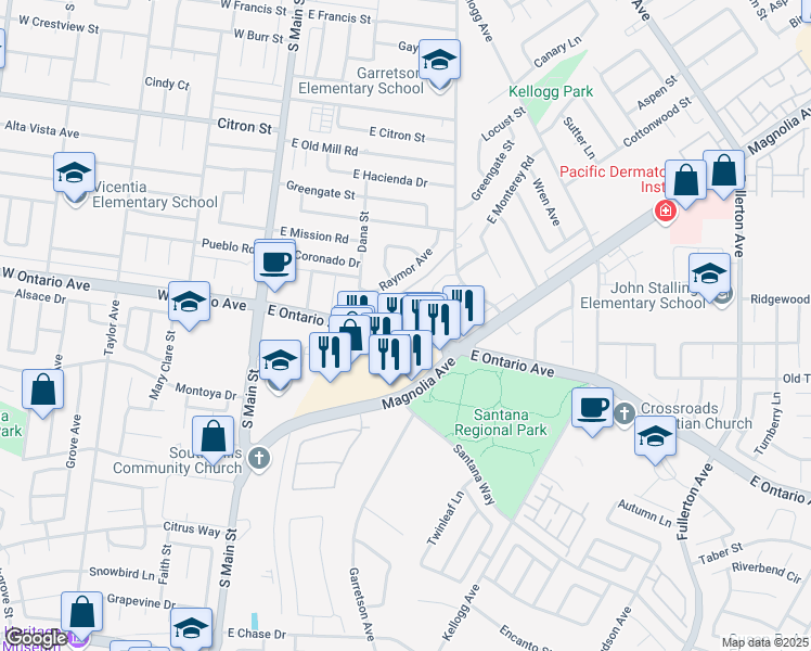 map of restaurants, bars, coffee shops, grocery stores, and more near 446 Annette Place in Corona