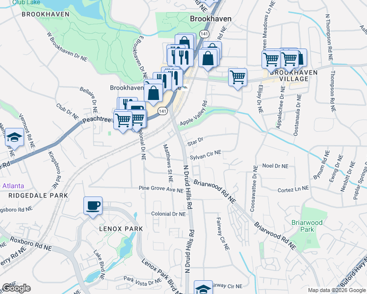 map of restaurants, bars, coffee shops, grocery stores, and more near 1302 North Druid Hills Road in Brookhaven