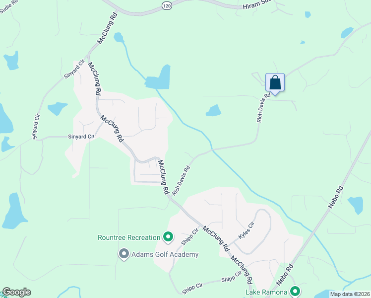 map of restaurants, bars, coffee shops, grocery stores, and more near 1260 Rich Davis Road in Hiram