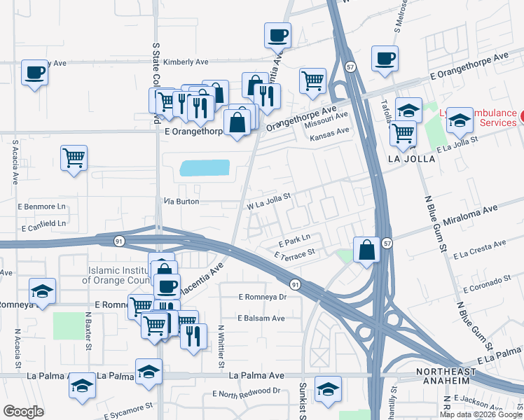 map of restaurants, bars, coffee shops, grocery stores, and more near 926 West La Jolla Street in Placentia