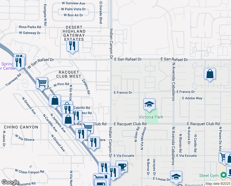 map of restaurants, bars, coffee shops, grocery stores, and more near 100 East Francis Drive in Palm Springs