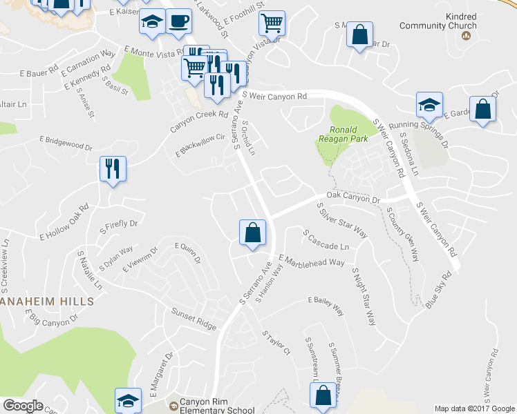 map of restaurants, bars, coffee shops, grocery stores, and more near 985 South Ladan Lane in Anaheim