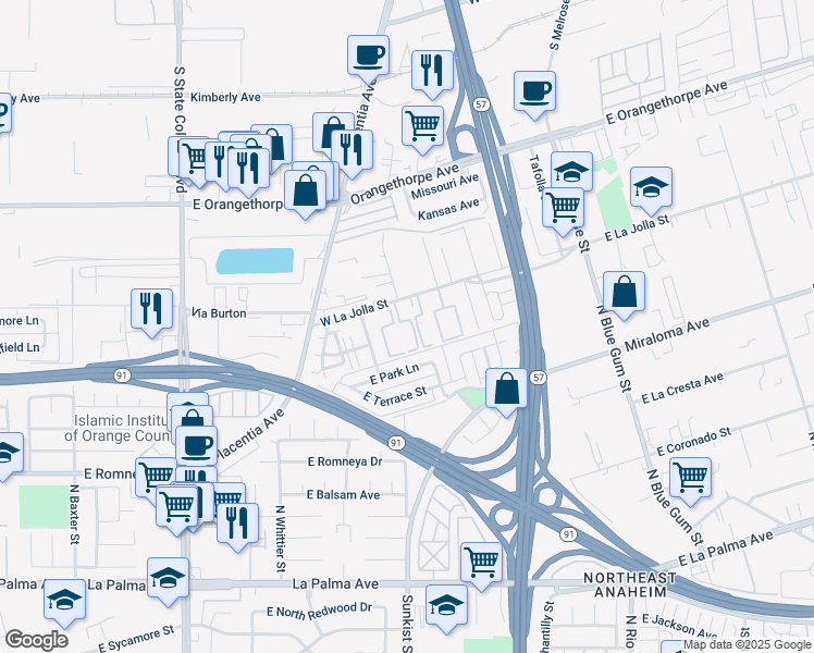 map of restaurants, bars, coffee shops, grocery stores, and more near 821 West La Jolla Street in Placentia