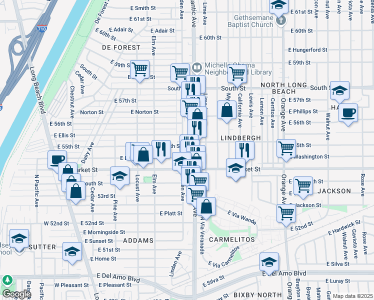 map of restaurants, bars, coffee shops, grocery stores, and more near 5437 Atlantic Avenue in Long Beach