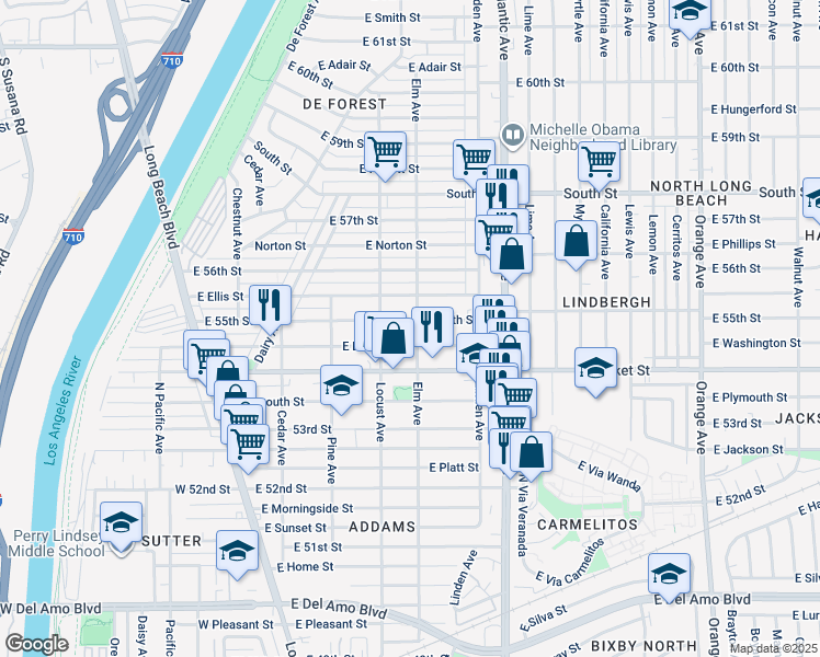 map of restaurants, bars, coffee shops, grocery stores, and more near 416 East Louise Street in Long Beach