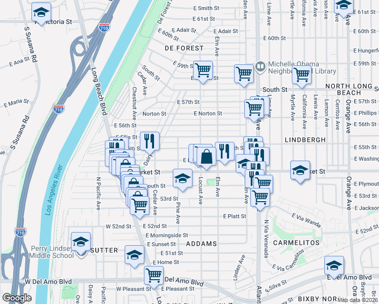 map of restaurants, bars, coffee shops, grocery stores, and more near 232 East Louise Street in Long Beach