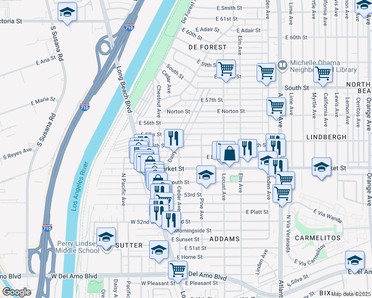 map of restaurants, bars, coffee shops, grocery stores, and more near 152 East Louise Street in Long Beach