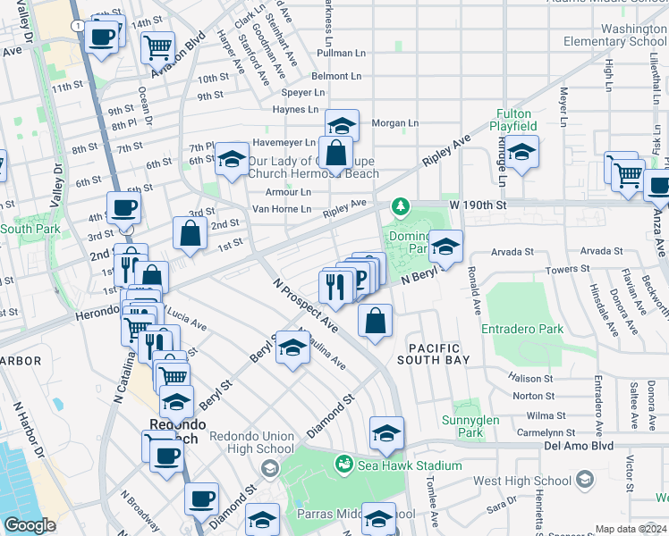 map of restaurants, bars, coffee shops, grocery stores, and more near 1216 Amethyst Street in Redondo Beach