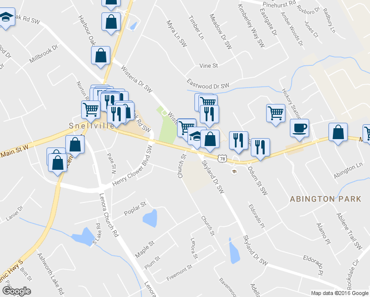 map of restaurants, bars, coffee shops, grocery stores, and more near 2423 Church Street Southwest in Snellville