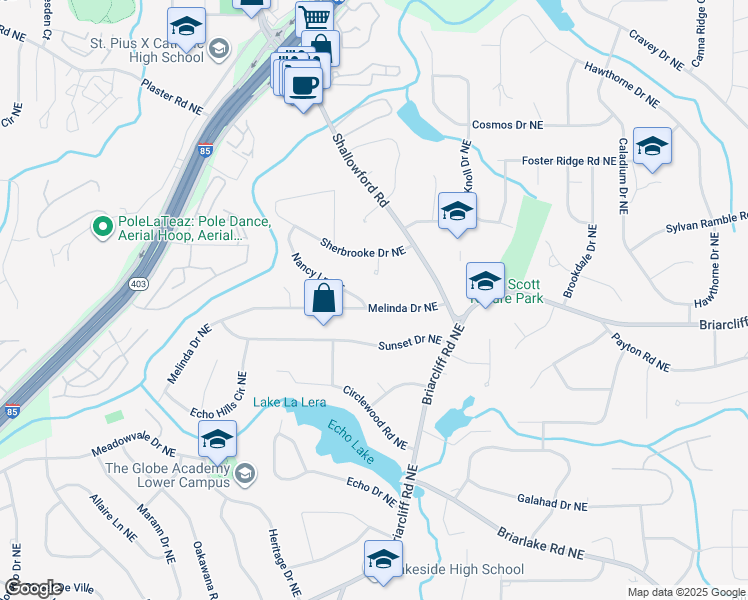 map of restaurants, bars, coffee shops, grocery stores, and more near 2535 Melinda Drive Northeast in Atlanta