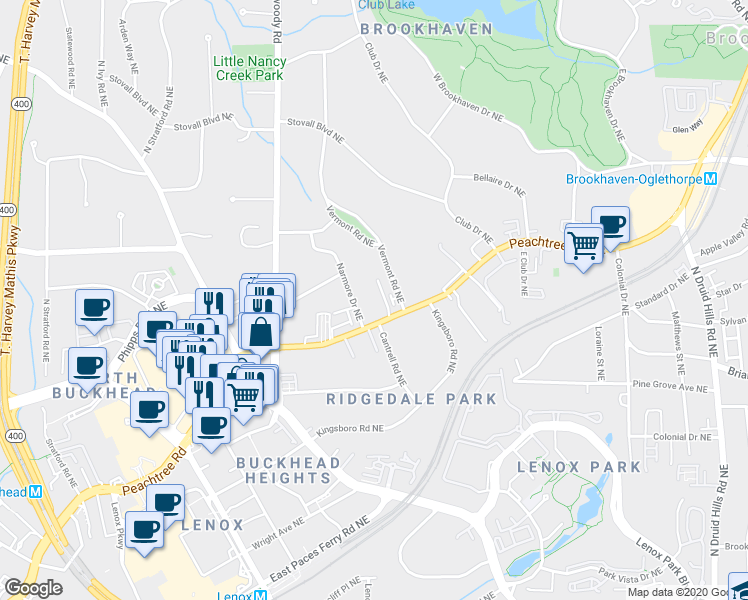map of restaurants, bars, coffee shops, grocery stores, and more near 3686 Peachtree Road Northeast in Atlanta