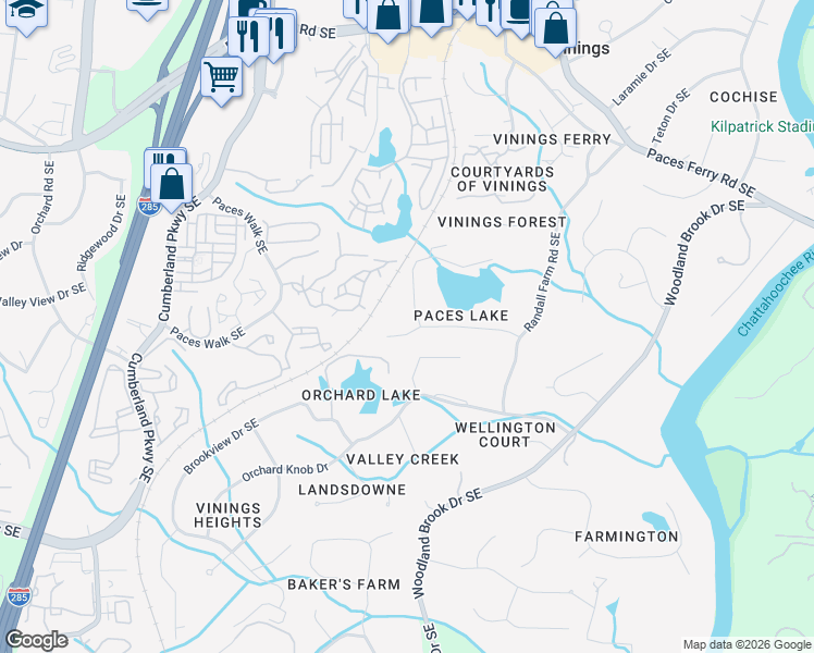 map of restaurants, bars, coffee shops, grocery stores, and more near 2847 Paces Lake Drive in Atlanta