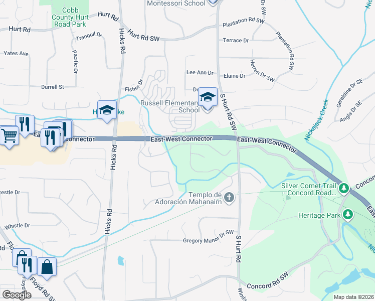 map of restaurants, bars, coffee shops, grocery stores, and more near 4054 Hill House Road Southwest in Smyrna