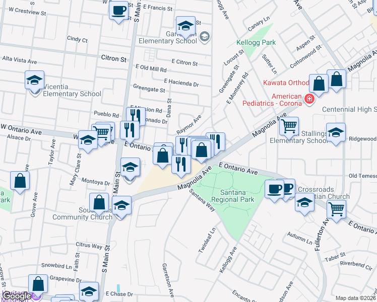 map of restaurants, bars, coffee shops, grocery stores, and more near 446 Annette Place in Corona