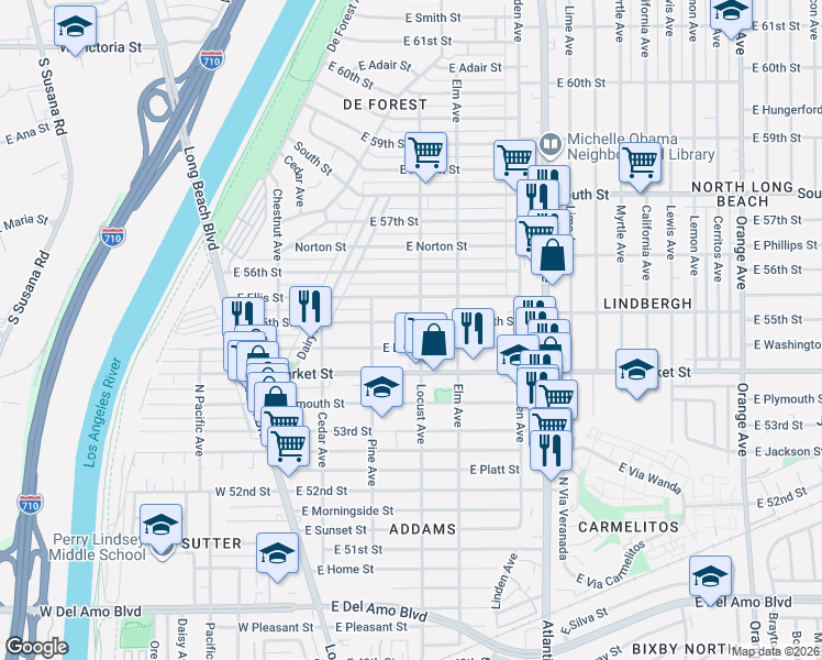 map of restaurants, bars, coffee shops, grocery stores, and more near 310 East Louise Street in Long Beach