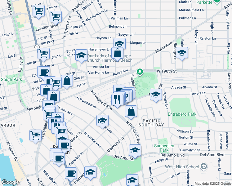 map of restaurants, bars, coffee shops, grocery stores, and more near 1235 Amethyst Street in Redondo Beach
