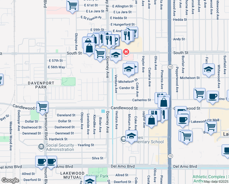 map of restaurants, bars, coffee shops, grocery stores, and more near 5439 Verdura Avenue in Lakewood