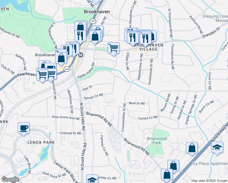 map of restaurants, bars, coffee shops, grocery stores, and more near 1422 Sylvan Circle Northeast in Brookhaven