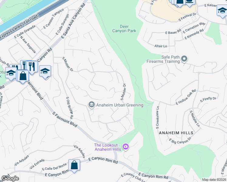 map of restaurants, bars, coffee shops, grocery stores, and more near 7653 East Corto Road in Anaheim