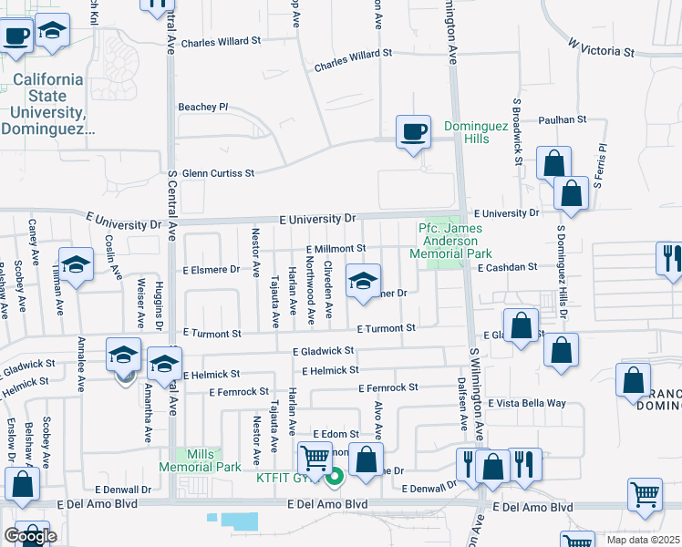 map of restaurants, bars, coffee shops, grocery stores, and more near 19233 Broadacres Avenue in Carson