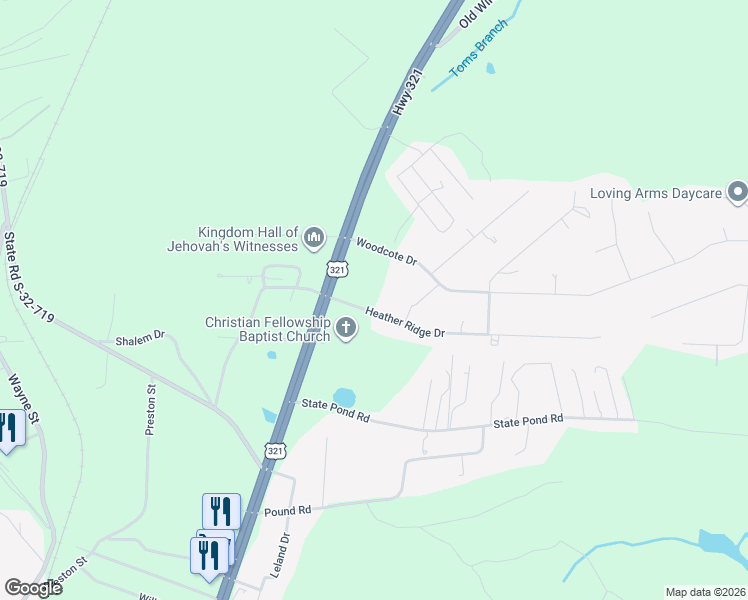 map of restaurants, bars, coffee shops, grocery stores, and more near 124 Heather Ridge Drive in Gaston