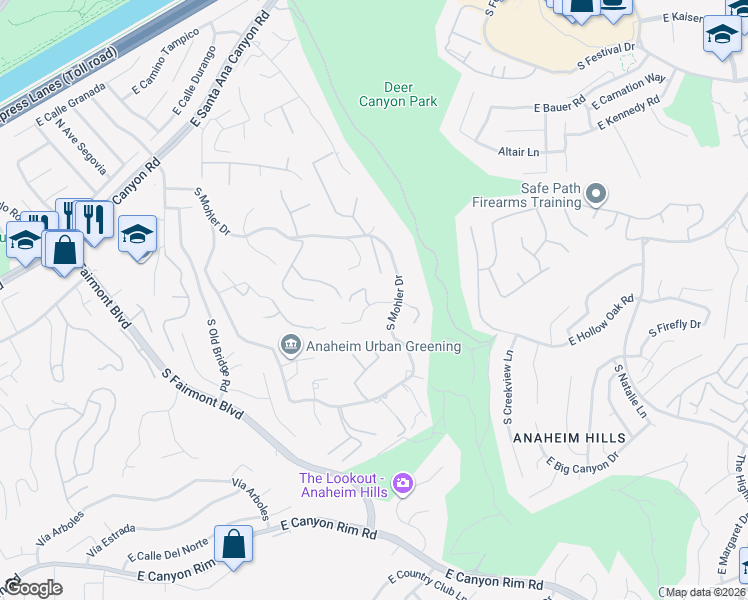 map of restaurants, bars, coffee shops, grocery stores, and more near 7653 East Corto Road in Anaheim
