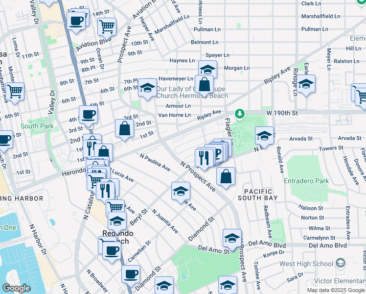 map of restaurants, bars, coffee shops, grocery stores, and more near 1214 Agate Street in Redondo Beach