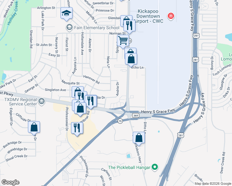 map of restaurants, bars, coffee shops, grocery stores, and more near 1517 Celia Drive in Wichita Falls