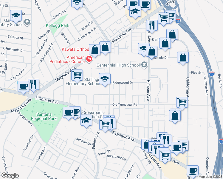 map of restaurants, bars, coffee shops, grocery stores, and more near 1950 Nutwood Circle in Corona
