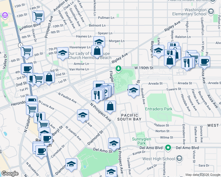 map of restaurants, bars, coffee shops, grocery stores, and more near 1322 Amethyst Street in Redondo Beach