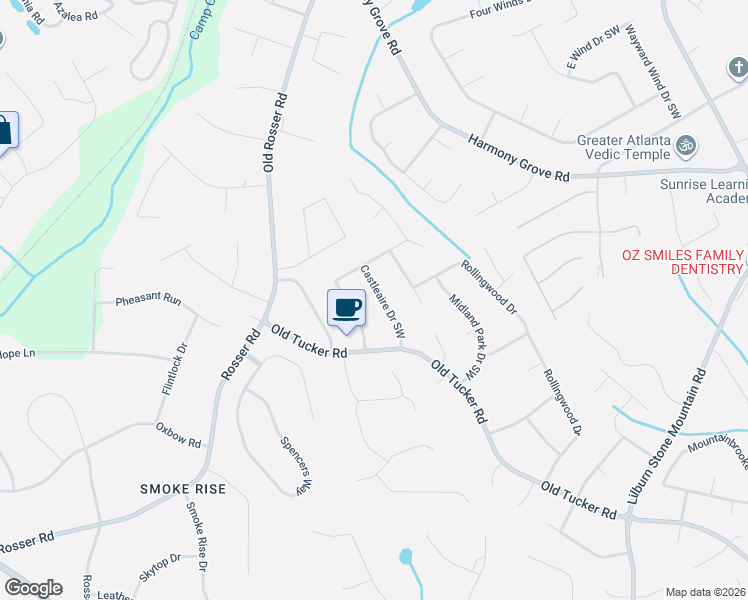 map of restaurants, bars, coffee shops, grocery stores, and more near 487 Castleaire Drive Southwest in Stone Mountain