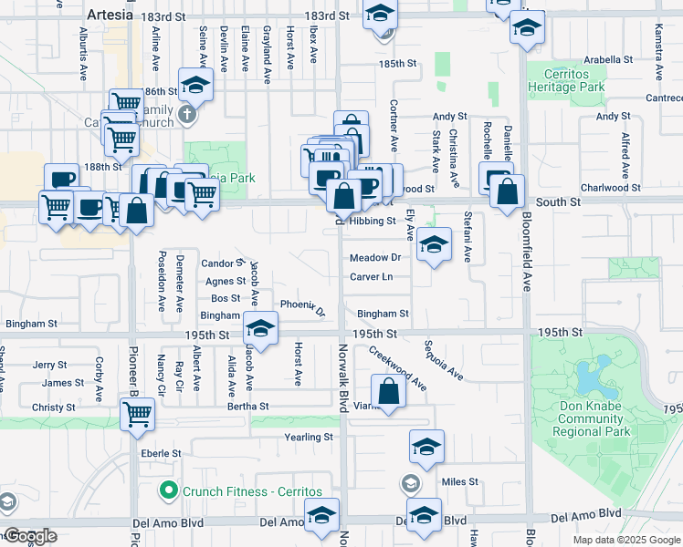 map of restaurants, bars, coffee shops, grocery stores, and more near 17721 Norwalk Boulevard in Artesia