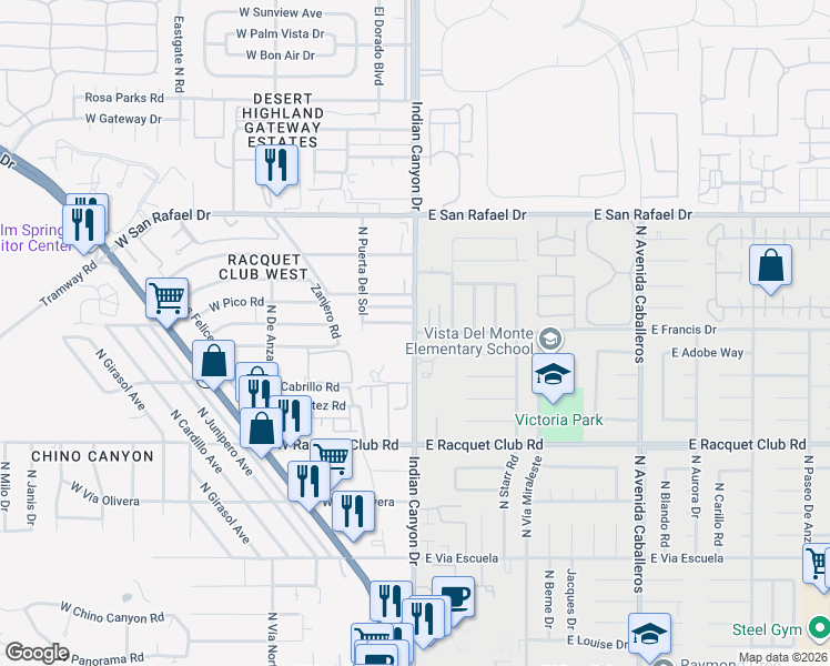 map of restaurants, bars, coffee shops, grocery stores, and more near N Indian Canyon Dr & E Francis Dr in Palm Springs