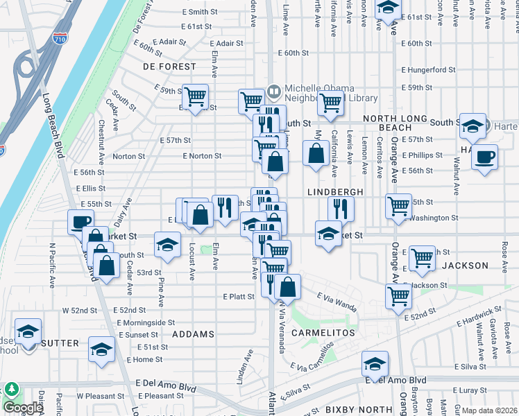 map of restaurants, bars, coffee shops, grocery stores, and more near 5476 Linden Avenue in Long Beach